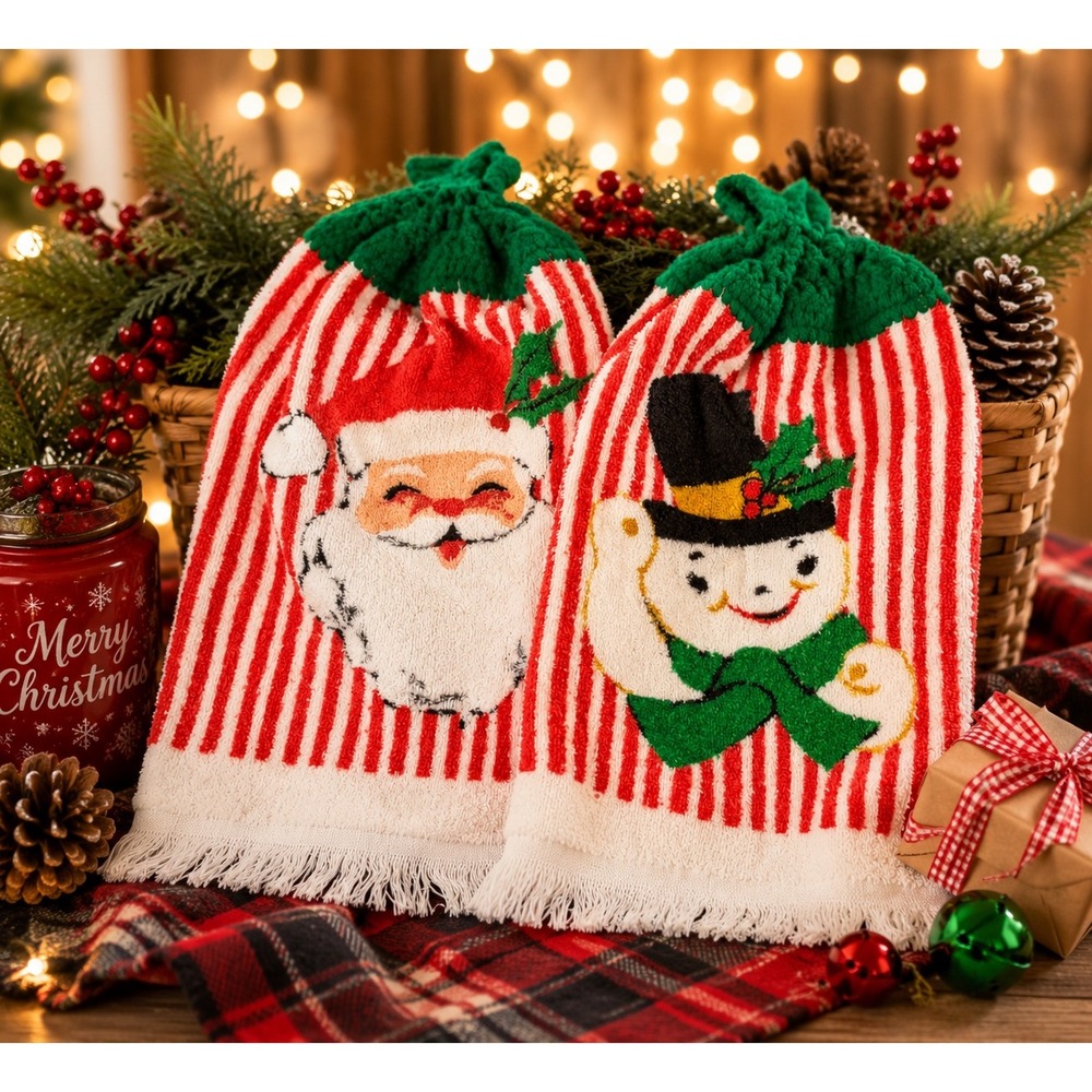 Vintage Christmas Hanging Kitchen Towels Set Santa Snowman Crochet Top 2pc